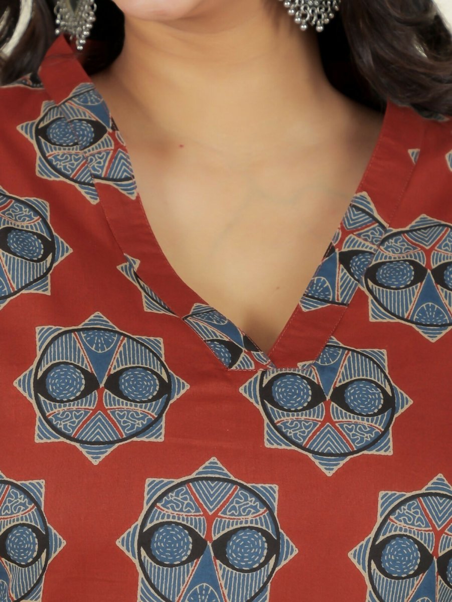 Aramya Red Soft Cotton Ajrakh Straight Kurta for Women | Grocsy