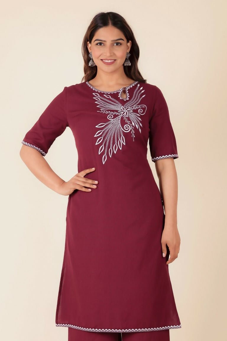 Aramya Maroon Linen Cotton Solid Straight Kurta for Women | Grocsy