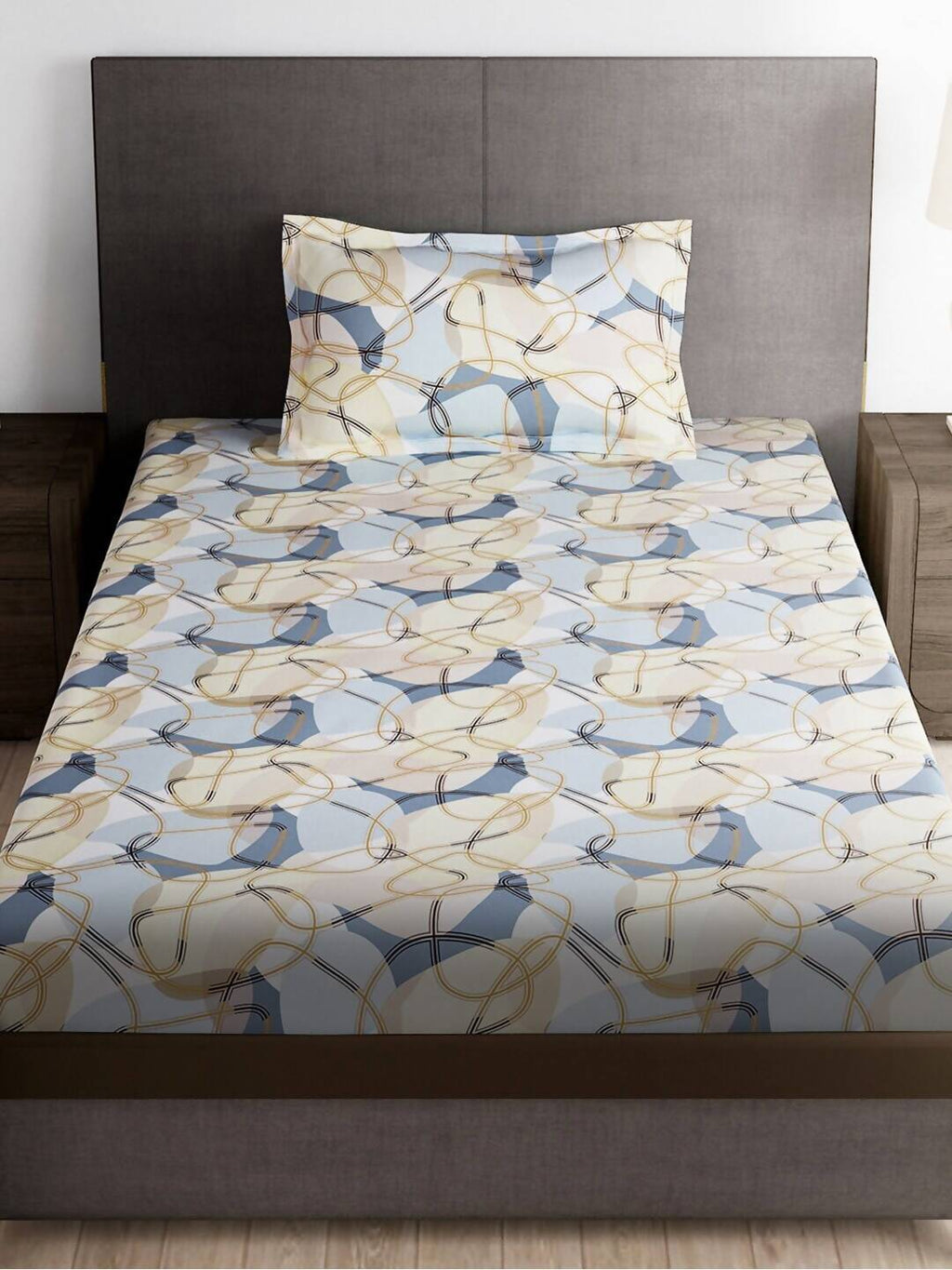 Story@home Arena Cream-Coloured & Grey Printed 180 TC Bedsheet & Pillow Covers | Grocsy