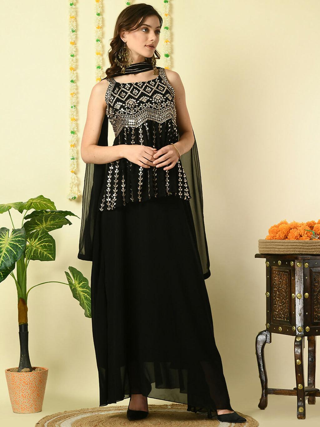 Myshka Women's Black Georgette Top & Skirt With Dupatta Party Sets | Grocsy