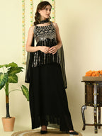 Myshka Women's Black Georgette Top & Skirt With Dupatta Party Sets | Grocsy
