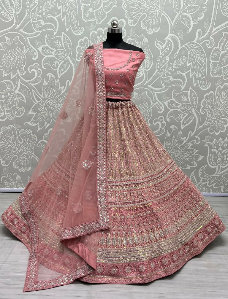 Jyoti Fashion Women's Pink Heavy Net Fancy Dori, Multi Thread, Rainbow Sequins and Diamond Work Wedding Lehenga Choli | Grocsy