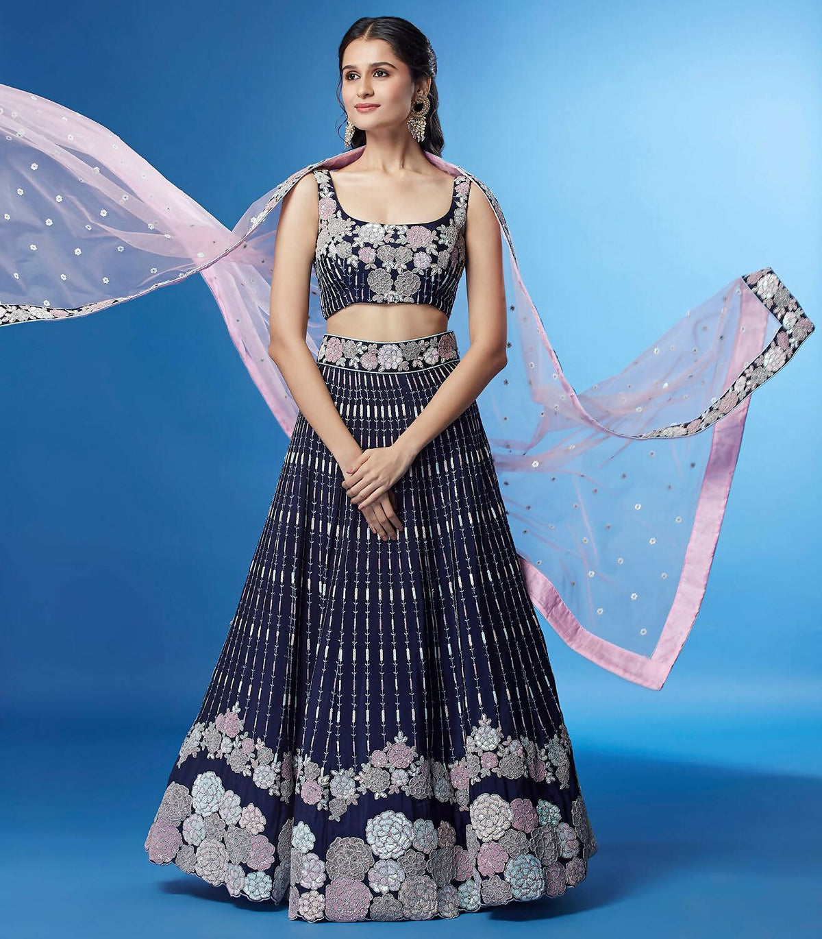 House of Panchhi Navy Blue Color Georgette Multi-Sequins Work Lehenga | Grocsy
