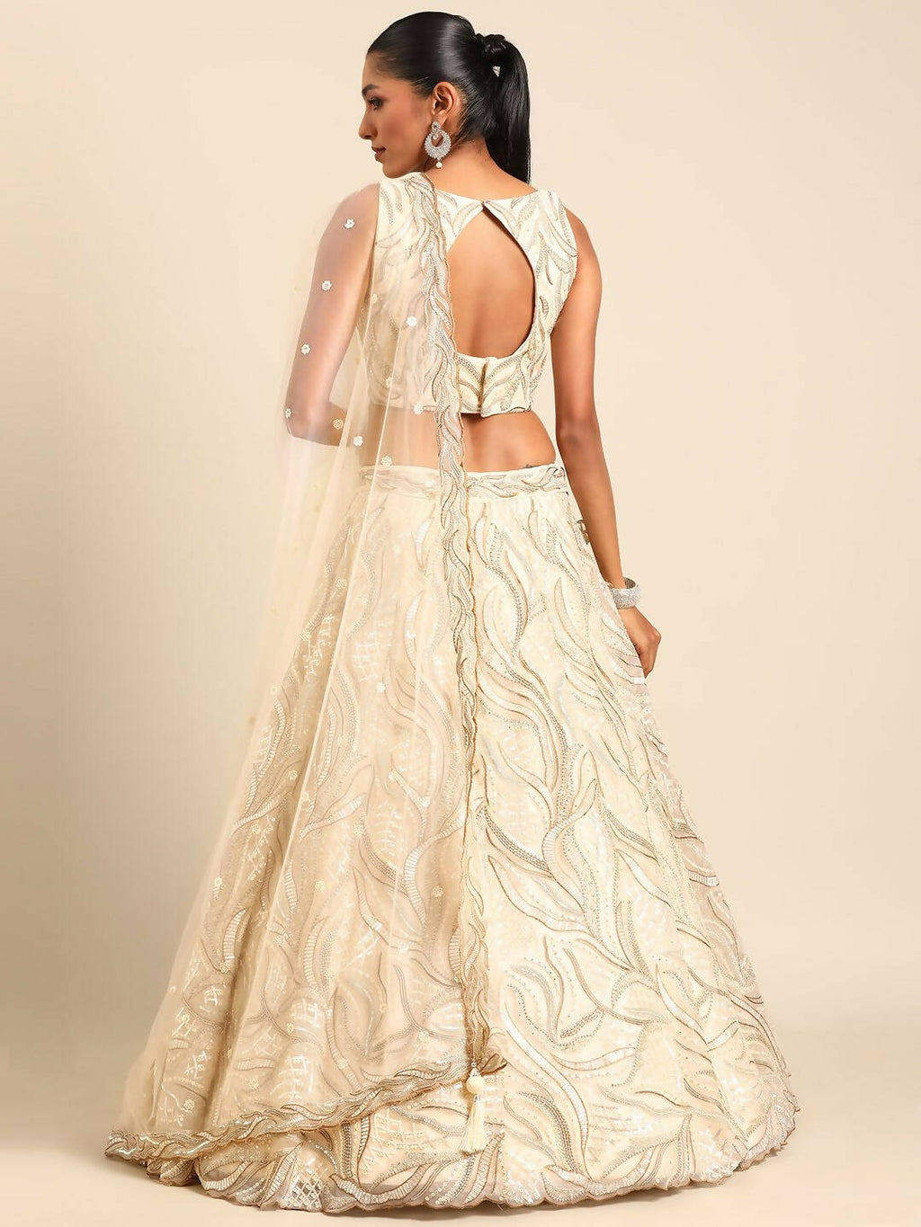 House of Panchhi Cream Net Sequins and Zarkan embroidery Lehenga choli & Dupatta | Grocsy