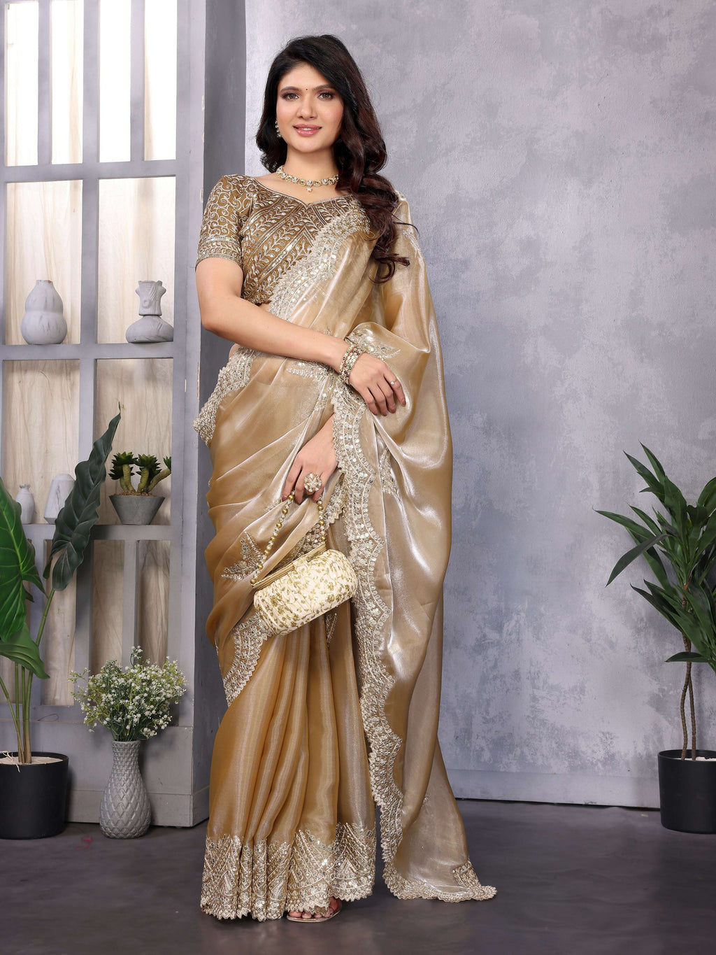 Vastranavya Beige Embroidery Work Shimmer Chiffon Saree with Unstitched Blouse | Grocsy