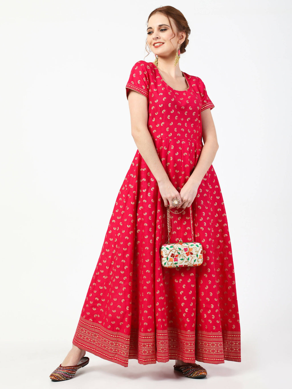 Cheera Women's Deep Pink Cotton & Silk Hand Block Print Long Dress With Silk Dupatta Set | Grocsy