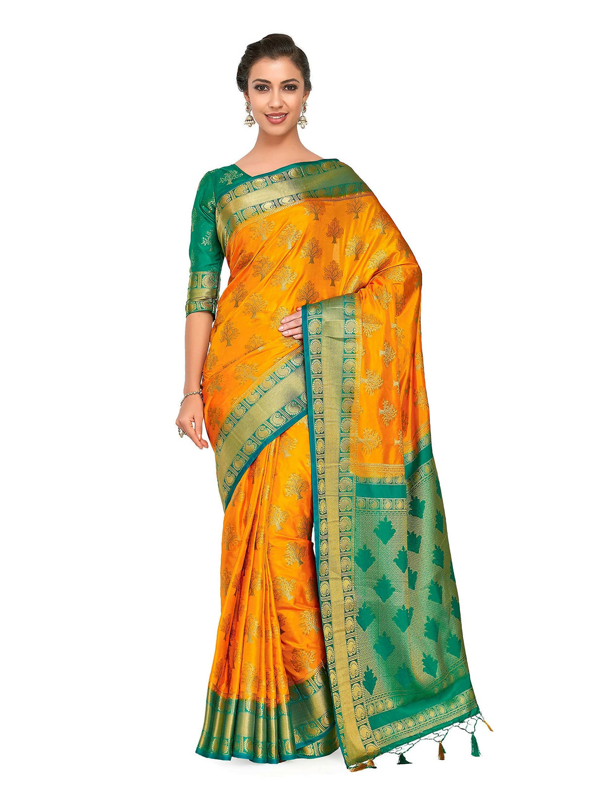 Mimosa Women's Gold Kanchipuram Silk Saree | Grocsy