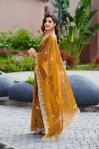 Vastranavya Brown Embroidery Work Shimmer Chiffon Saree with Unstitched Blouse | Grocsy