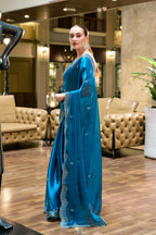 Vastranavya Sea Blue Embroidery Work Shimmer Chiffon Saree with Unstitched Blouse | Grocsy