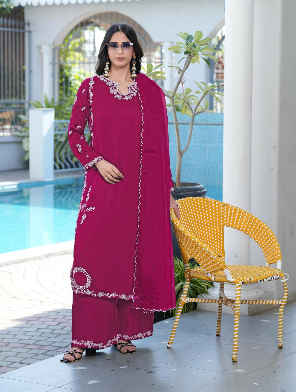 Nikhaar Magenta Embroidered Modal Silk Stitched Straight Cut Kurta Culottes Dupatta Readymade Suit | Grocsy