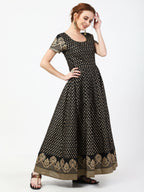Cheera Women's Black Cotton Hand Block Print Long Dress With Silk Dupatta Set | Grocsy