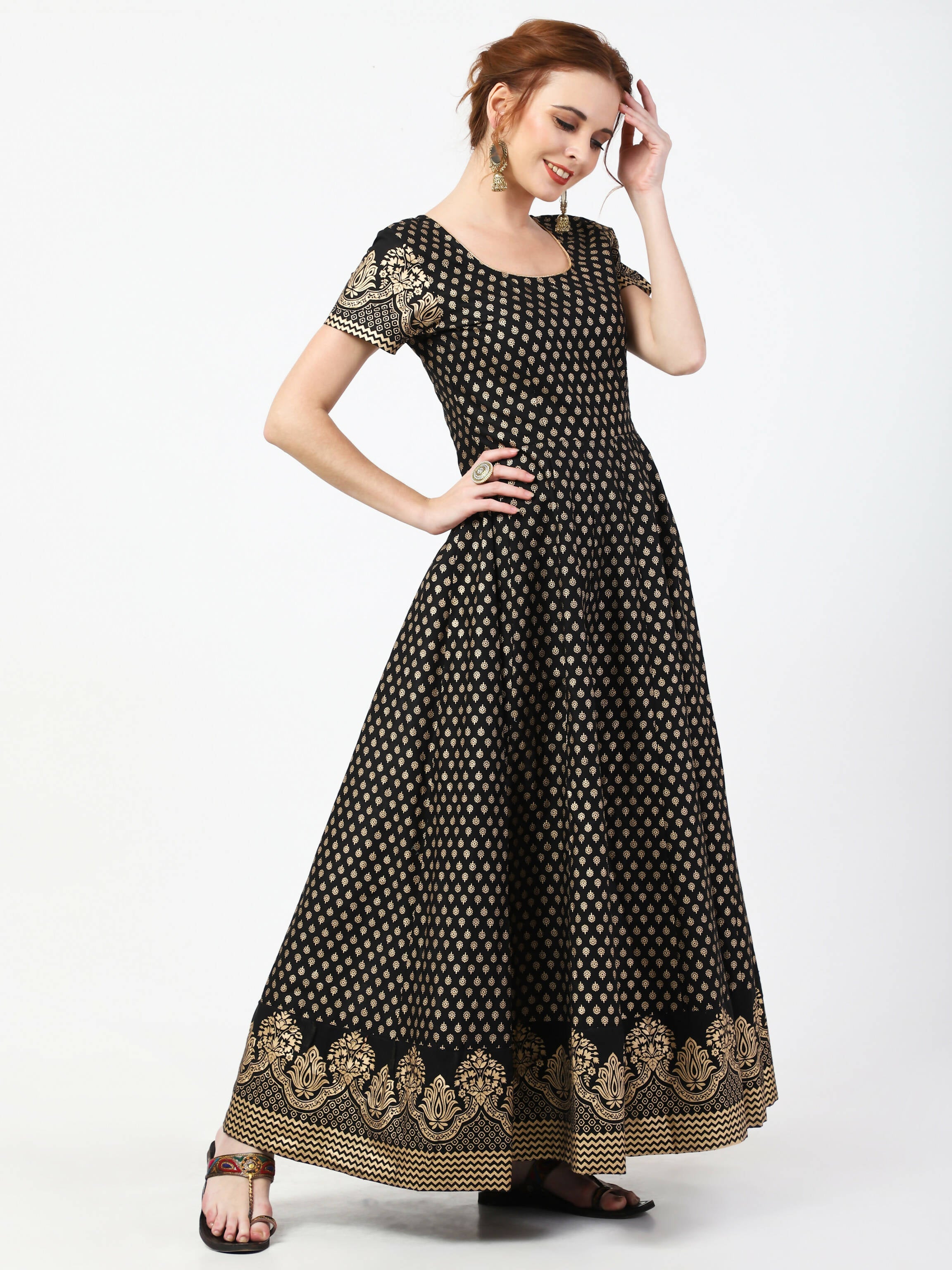 Cheera Women's Black Cotton Hand Block Print Long Dress With Silk Dupatta Set | Grocsy