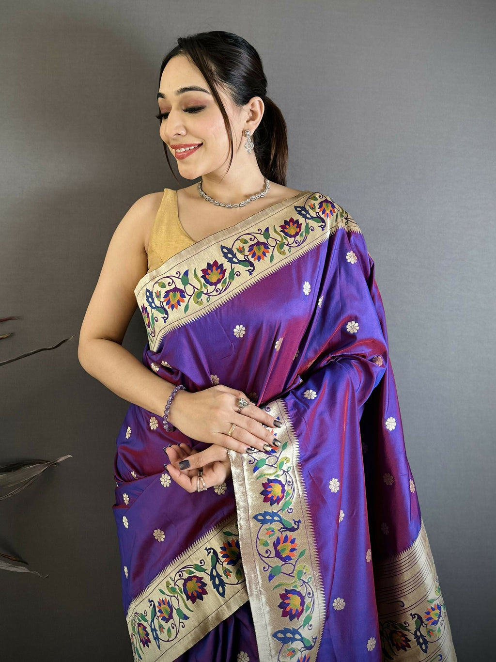 Prime Volt Premium Soft Silk Mayur Paithani Saree with Peacock Meena Weaving & Rich Pallu-Purple | Grocsy