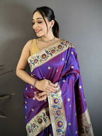 Prime Volt Premium Soft Silk Mayur Paithani Saree with Peacock Meena Weaving & Rich Pallu-Purple | Grocsy