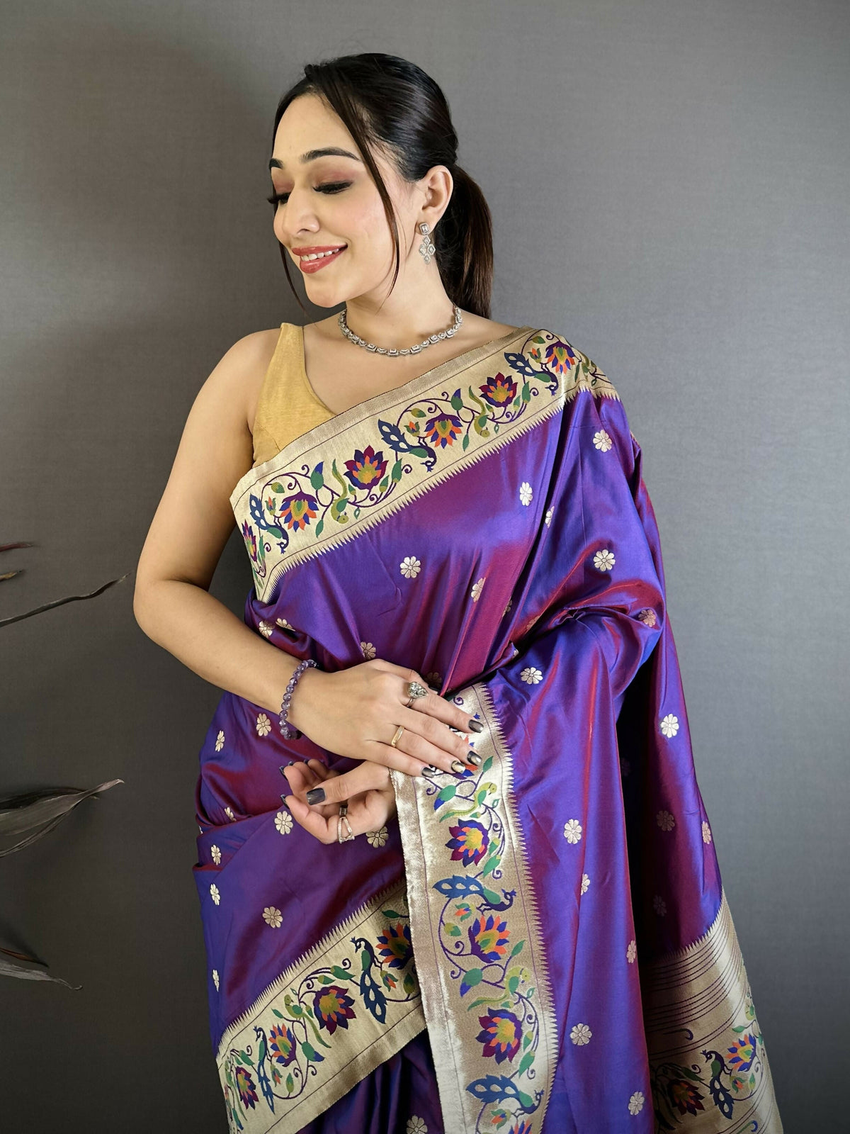Prime Volt Premium Soft Silk Mayur Paithani Saree with Peacock Meena Weaving & Rich Pallu-Purple | Grocsy