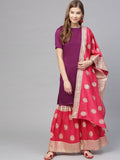 Ahalyaa Women's Purple Poly Silk Solid Kurta and Red Printed Sharara With Dupatta | Grocsy