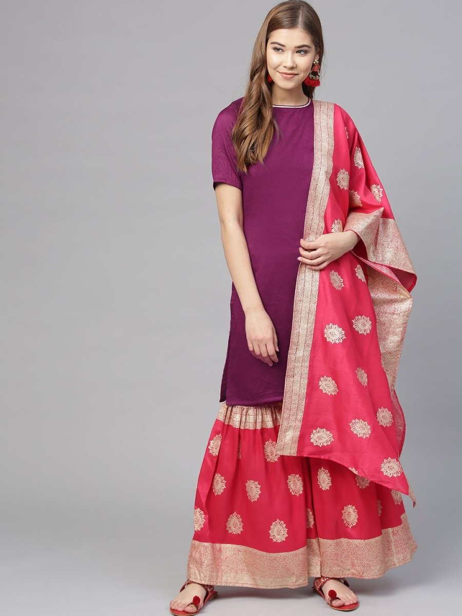 Ahalyaa Women's Purple Poly Silk Solid Kurta and Red Printed Sharara With Dupatta | Grocsy