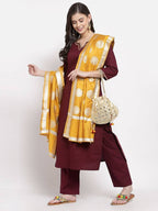 Myshka Women's Beautiful Burgundy Cotton Solid 3/4 Sleeve Square Neck Casual Kurta Pant Dupatta Set | Grocsy