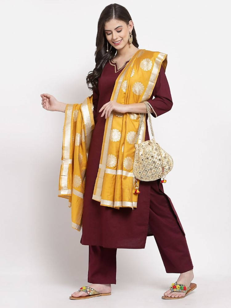 Myshka Women's Beautiful Burgundy Cotton Solid 3/4 Sleeve Square Neck Casual Kurta Pant Dupatta Set | Grocsy