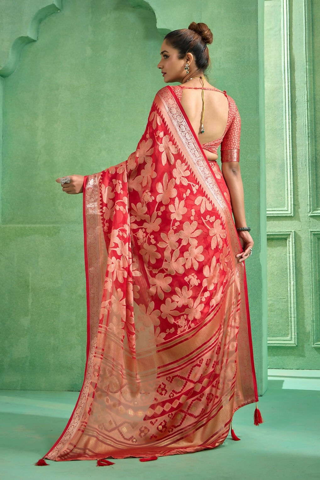 Joban Fashion Redbull Moss Brasso With Kasab Zari Border Saree & Tassels With Brasso Blouse | Grocsy