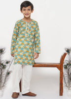 Little Bansi Boys Cotton Bird Print Kurta with Pearl Buttons & Pyjama -Blue & Cream | Grocsy