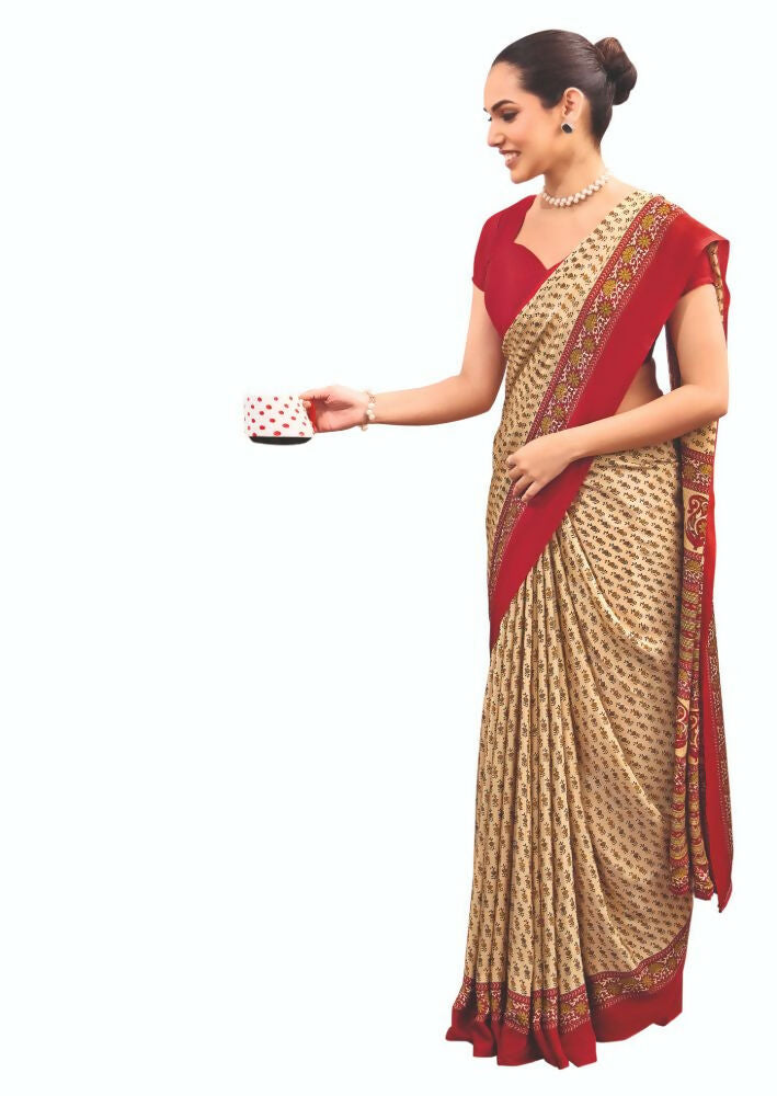 Joban Fashion Cream Crepe Silk with Traditional Print Saree | Grocsy