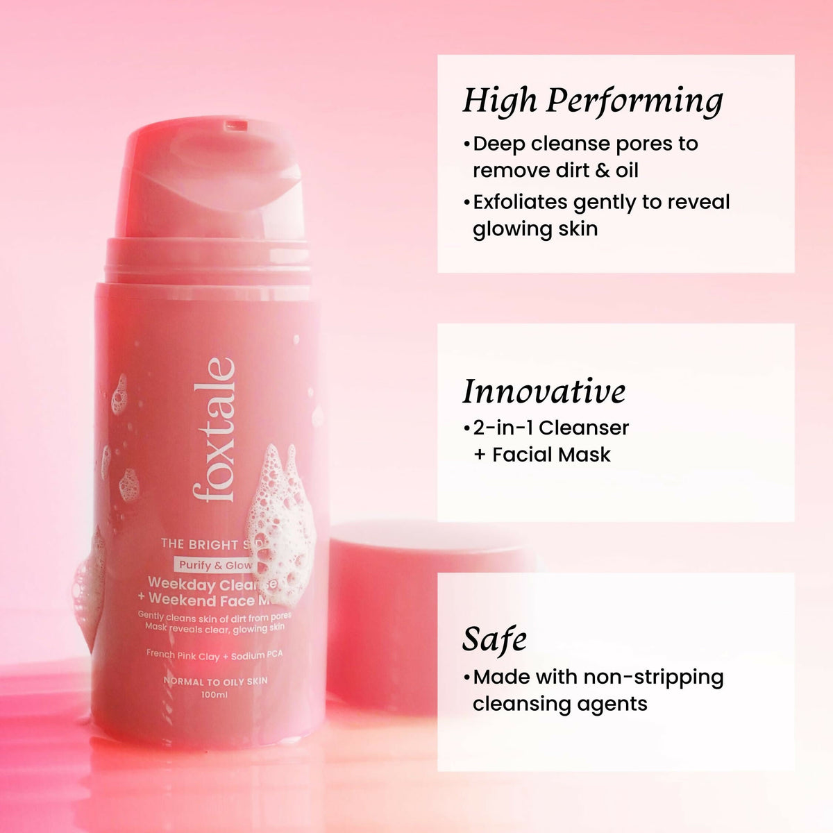Foxtale Purify & Glow Cleanser + Mask With French Pink Clay & Sodium | Grocsy
