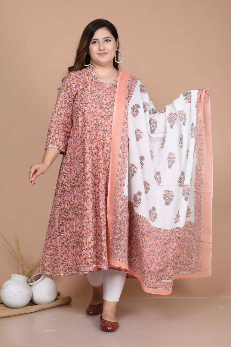 Miravan Women's Plus Size Surpassing Orange Partywear Floral Printed Anarkali Kurta Dupatta  | Grocsy