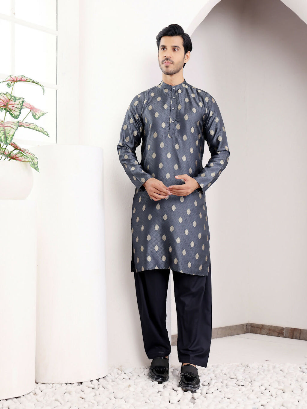Navy Blue Viscose Woven Jacquard Work Men's Kurta - Mahotsav | Grocsy