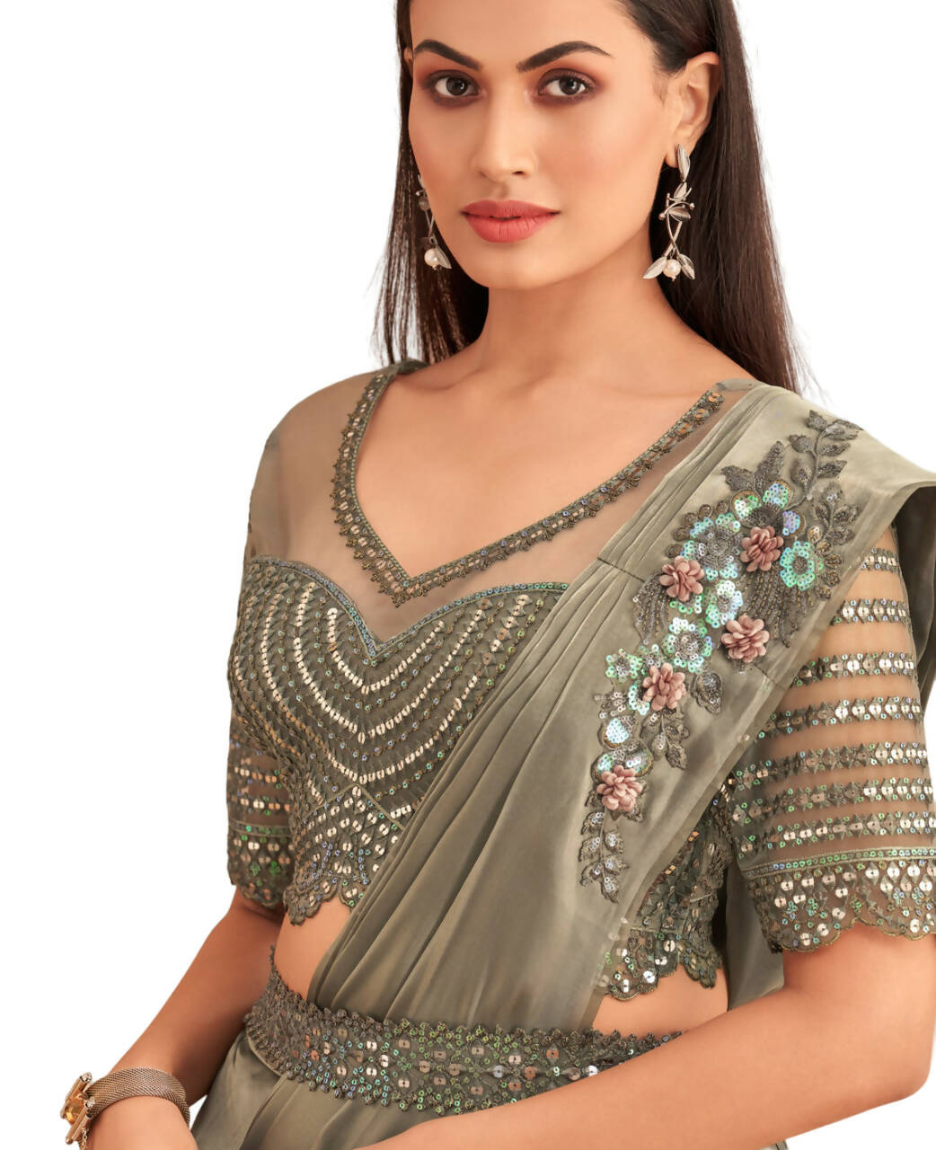 Green Satin Embroidered Ready To Wear Saree With Unstitched Blouse Piece - Nandika | Grocsy
