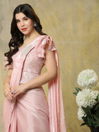 Pink Silk Satin Sequence Work Ready to Wear Saree with stitched Blouse - Nirvana | Grocsy