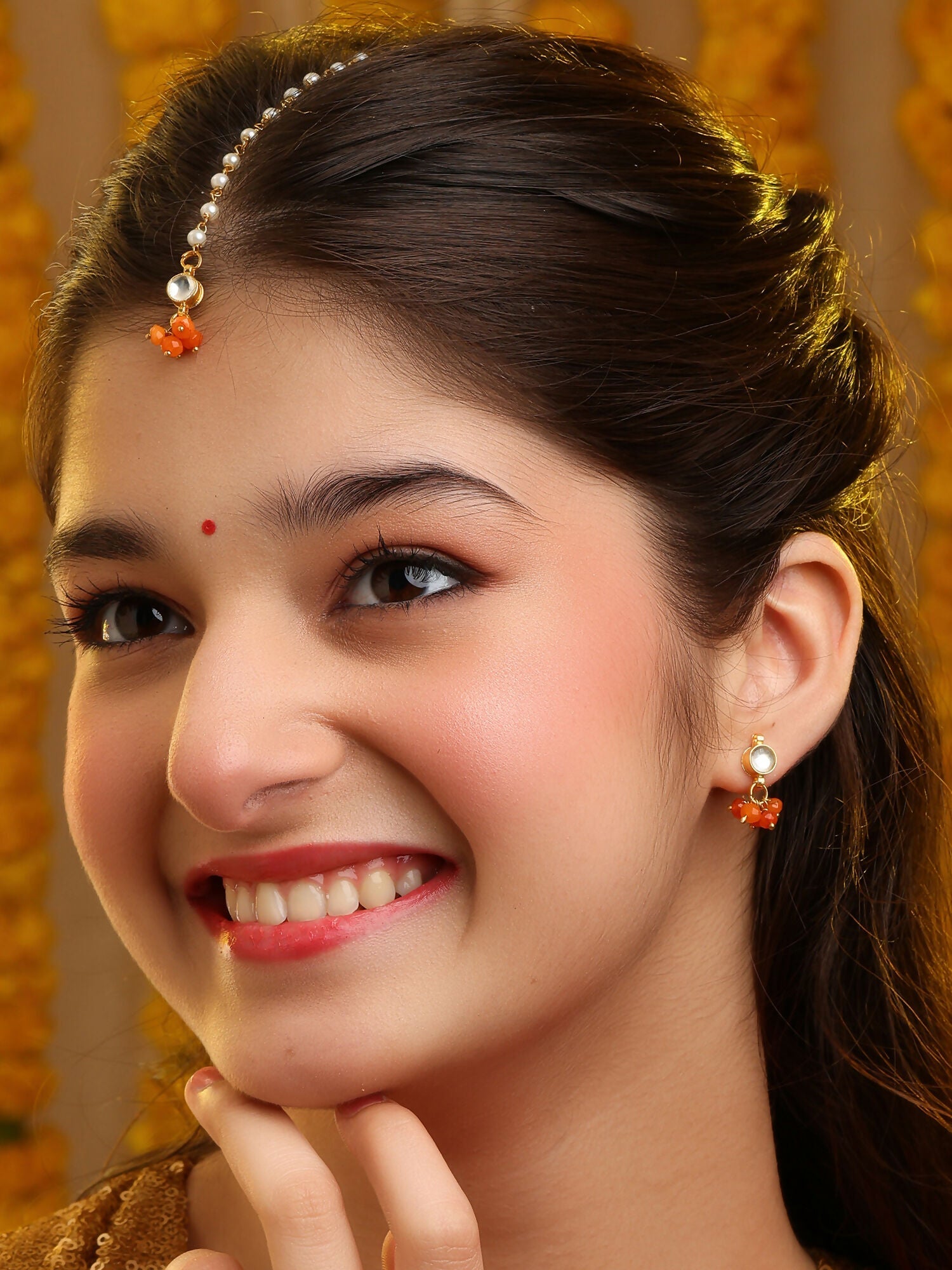 Ruby Raang Mannat Set Of 2 - Orange Embedded Maang Tikka And Earrings | Grocsy