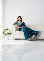 Teeya Creation Womens New Fancy Embroidery Work Saree-Teal | Grocsy