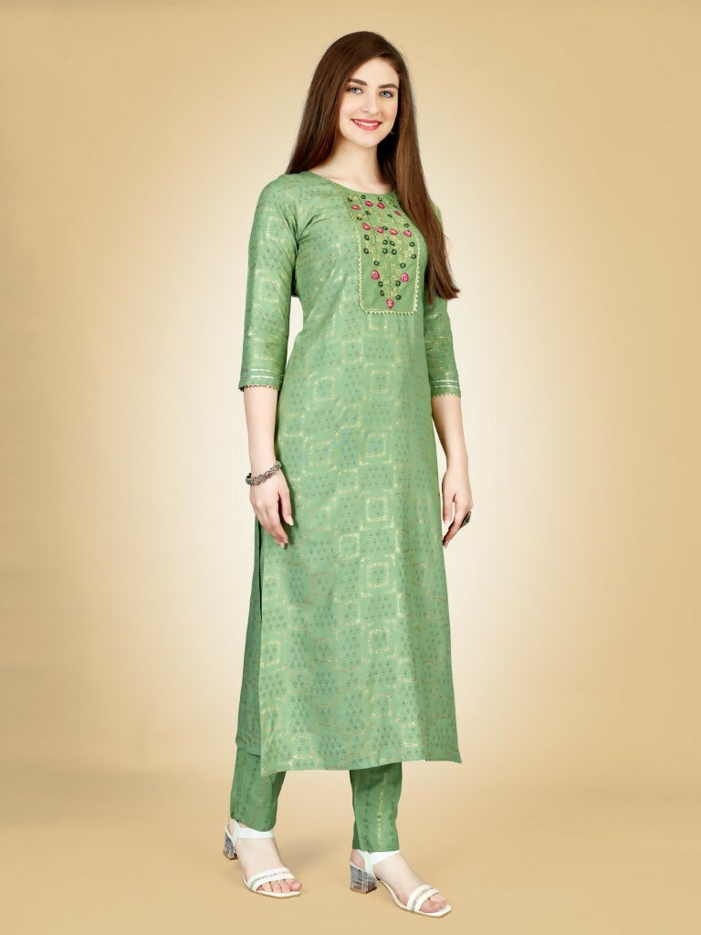 Jyoti Fashion Women's Sea Green Viscose Rayon Embroidered Kurta Pant Set | Grocsy