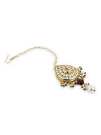 Gold-Polished White Green Kundan-Studded Pearl Beaded Maang Tikka - Ruby Raang | Grocsy