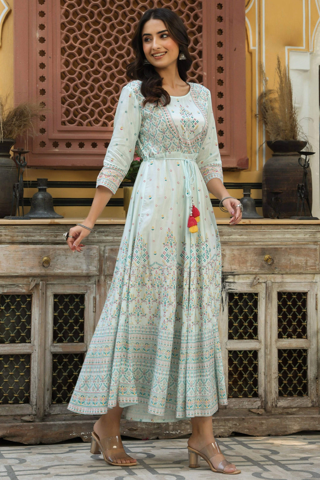 Juniper Women's Skyblue Viscose Shantoon Festive Printed Flared Dress | Grocsy