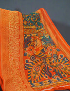 Shades Of Rama Green Kalamkaari Design Semi Chanderi Saree With Contrast Blouse By Gayathri Reddy Designer Studio | Grocsy