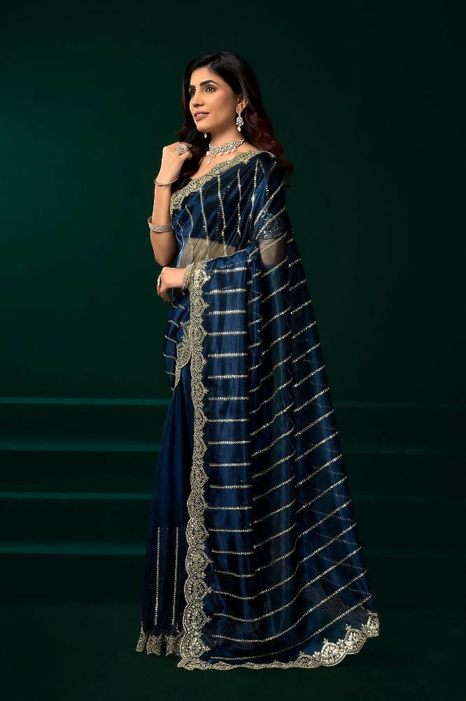 Joban Fashion Navy Blue Net Party Wear Sarees | Grocsy