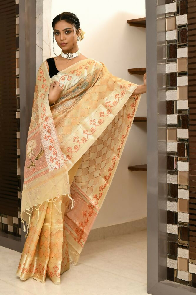 Joban Fashion Light Orange Saree Kota Tissue With Embroidery And Applick Anchal | Grocsy