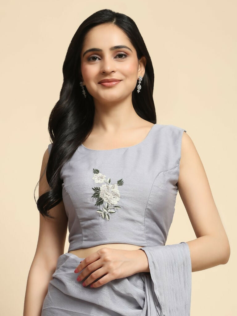 Grey Chiffon Solid Ready to wear Saree with stitched Blouse - Aayan | Grocsy