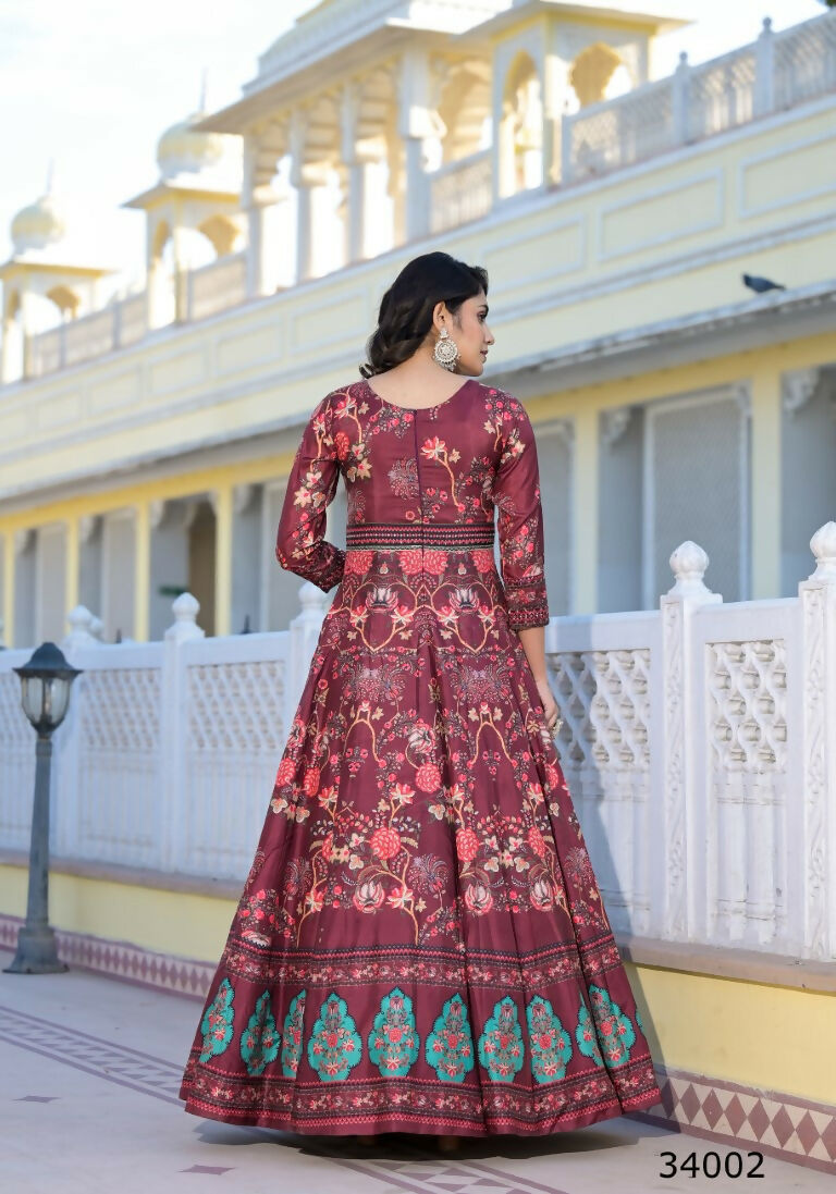 Partywear Designer Maroon Dola Silk Anarkali suit with Dupatta - Suzen | Grocsy