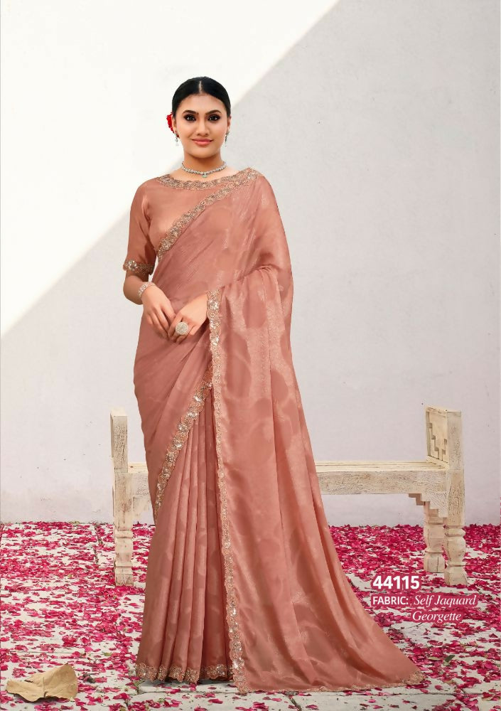 Peach Self Jaquard Georgette Saree with Unstitched Blouse - Norita Varya | Grocsy