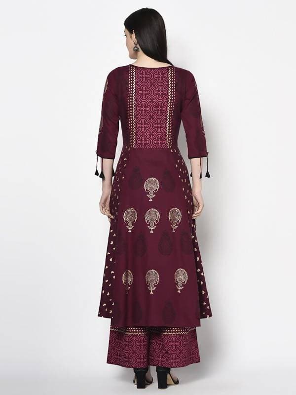 Aniyah Rayon Wine Color Block Print Anarkali Palazzo Set (AN-171K) | Grocsy