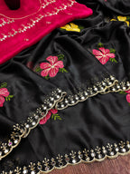 Teeya Creation Black Rangoli Silk Embroidery Work Party Wear Designer Saree | Grocsy