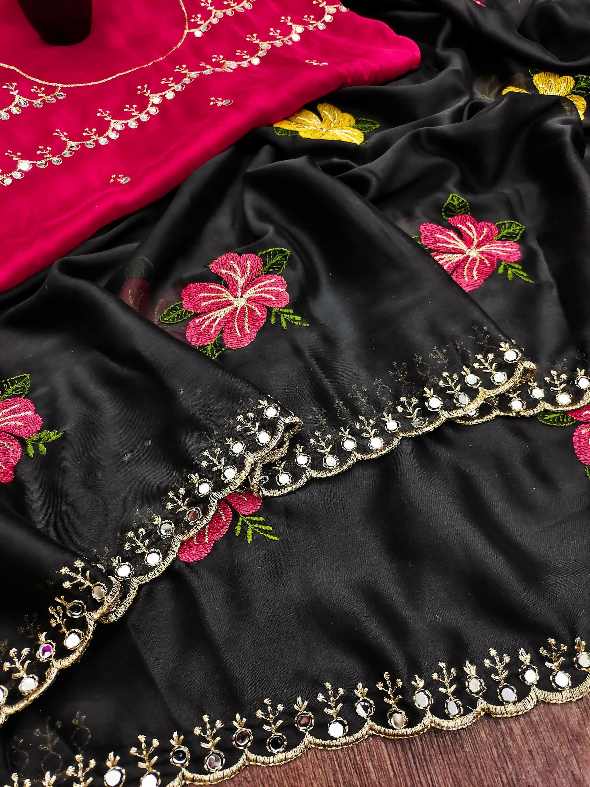 Teeya Creation Black Rangoli Silk Embroidery Work Party Wear Designer Saree | Grocsy