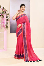 Piyari Fashion Women's Rani Pink Embellished Zari Border Cotton Saree | Grocsy