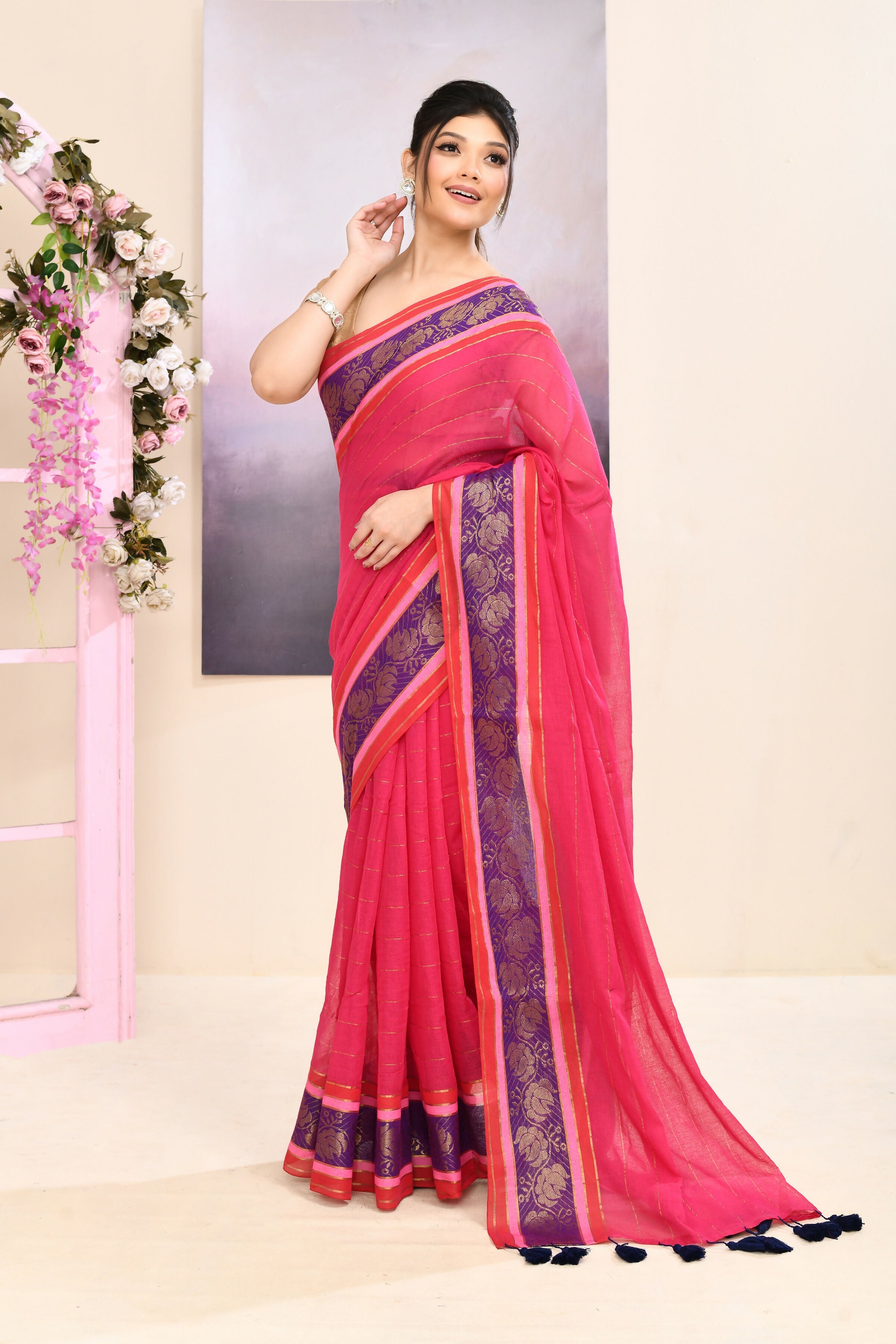 Piyari Fashion Women's Rani Pink Embellished Zari Border Cotton Saree | Grocsy