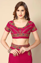 Pink Chinon Embroidered Saree with Unstitched Blouse Piece - Roozal | Grocsy
