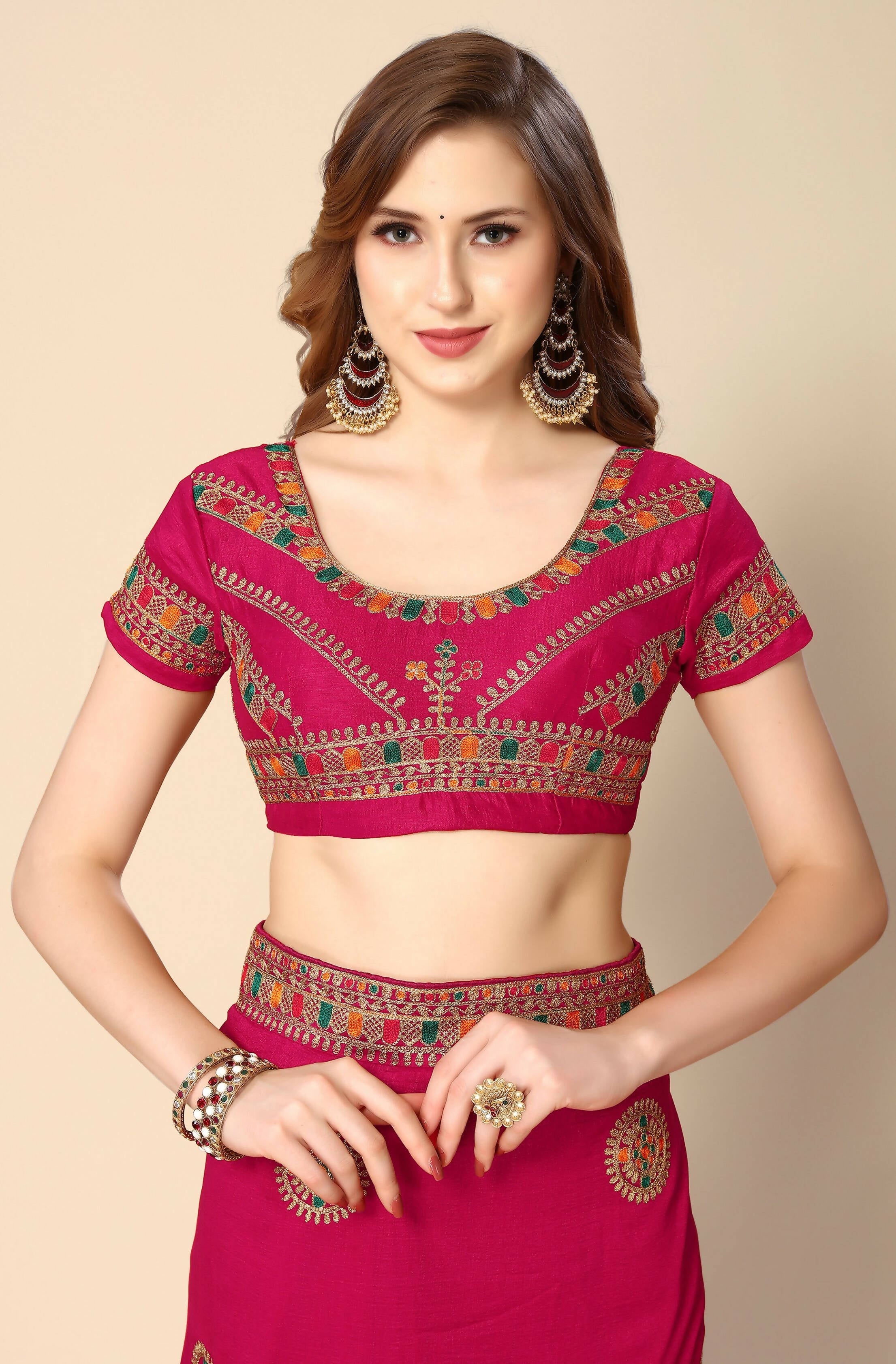 Pink Chinon Embroidered Saree with Unstitched Blouse Piece - Roozal | Grocsy
