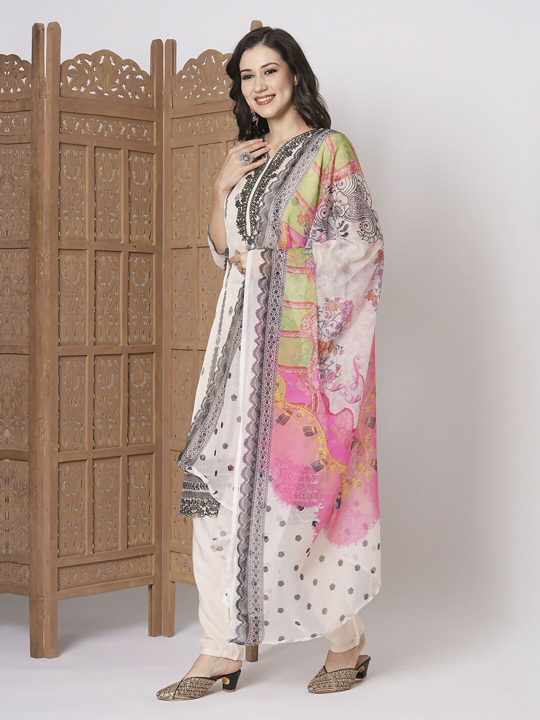 Off White Taby Silk Embroidery Work, Printed Kurta Set - Riya | Grocsy